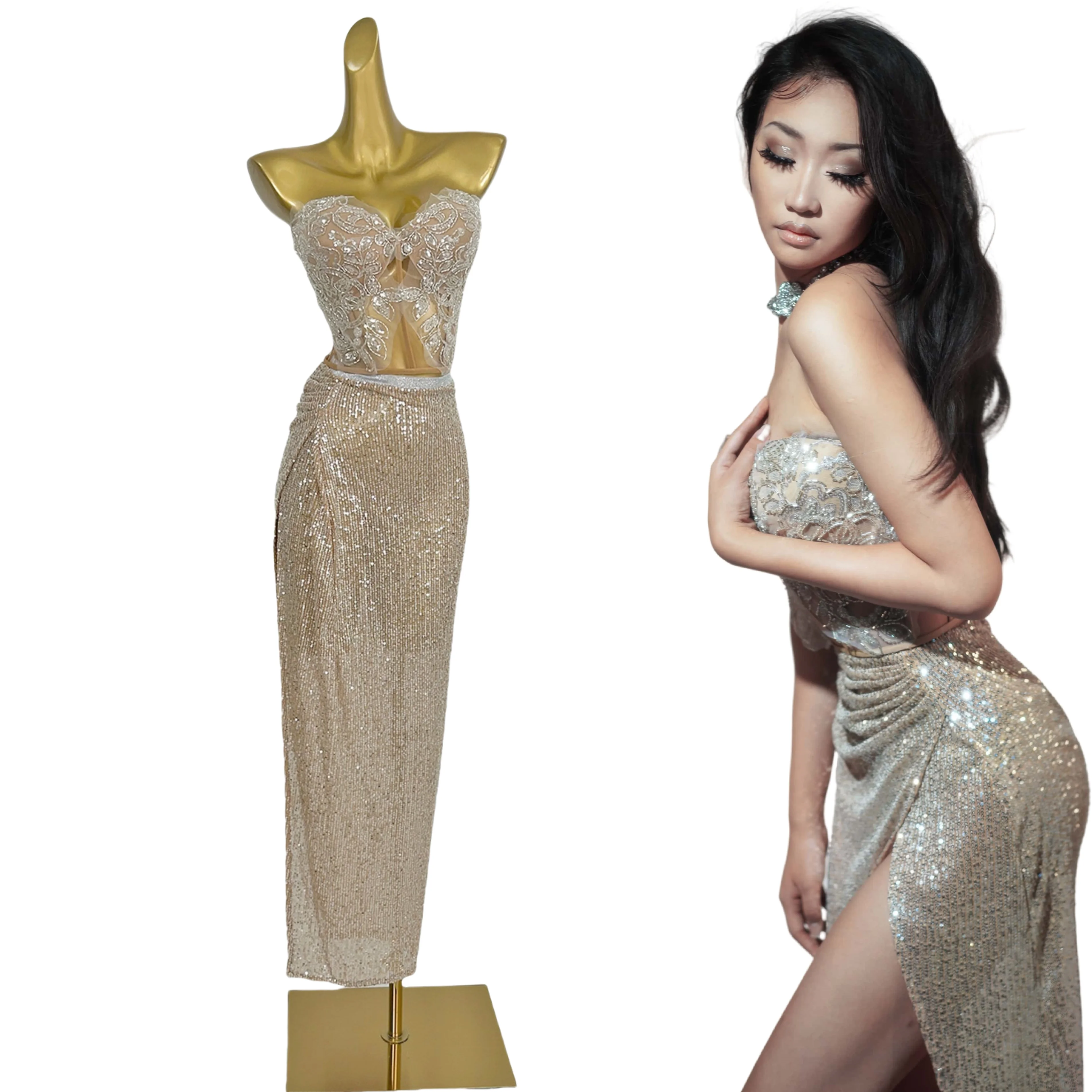 

Liangpi Sparkly Sequins Strapless Crop Tops Long Skirt 2Pieces Set High Side Slits Dresss 2-Piece Set Night Party Long Dress