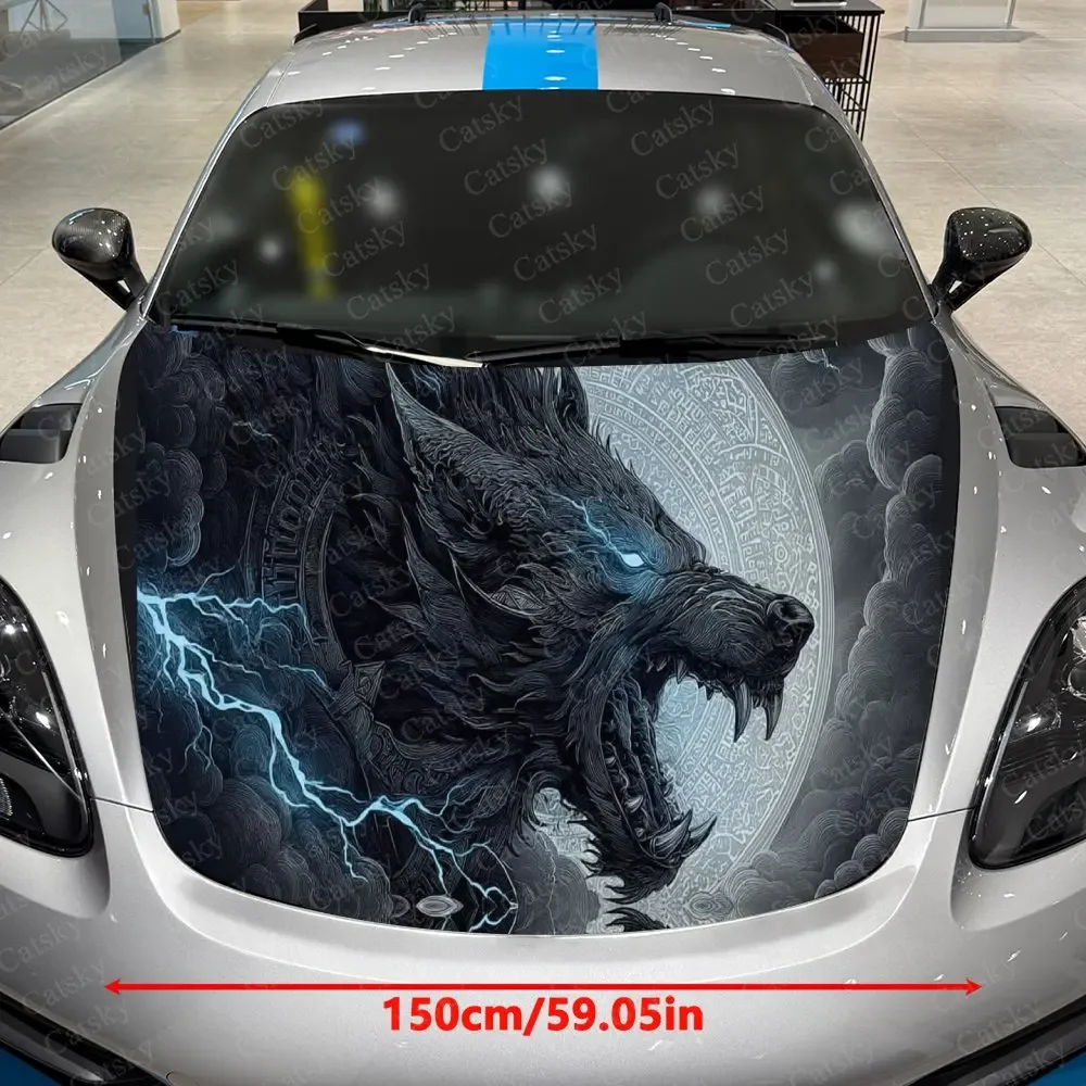 Wolf Wrapped in Lightning Car Vinyl Wrap, PVC Material Waterproof Car Hood Sticker, Self-Adhesive Scratch-Resistant Stickers
