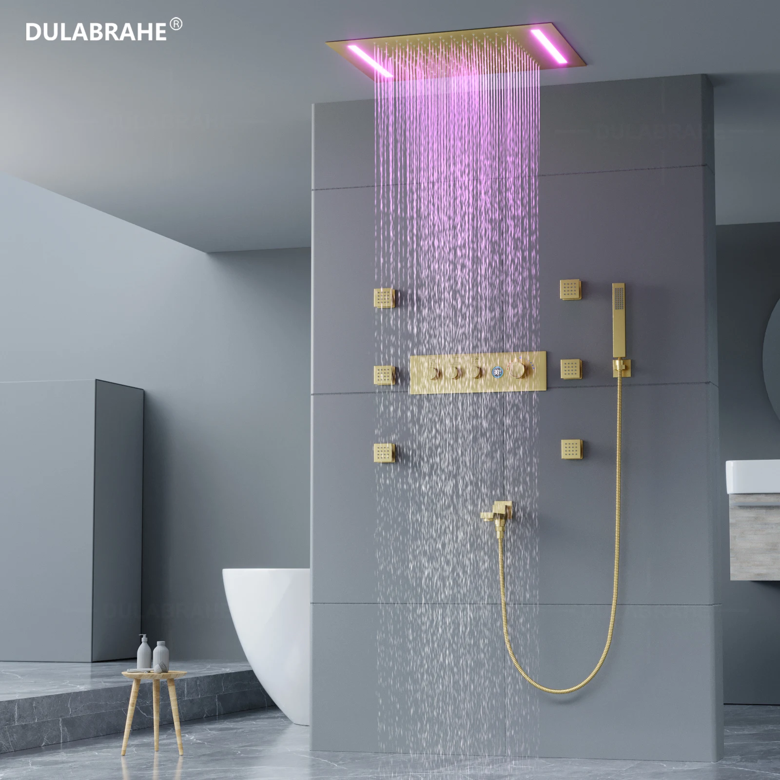 Brushed Gold Bathroom Ceiling LED Thermostatic Shower Faucet Set Multifunctional Rain Shower Head with Side Spray Rinse Massage