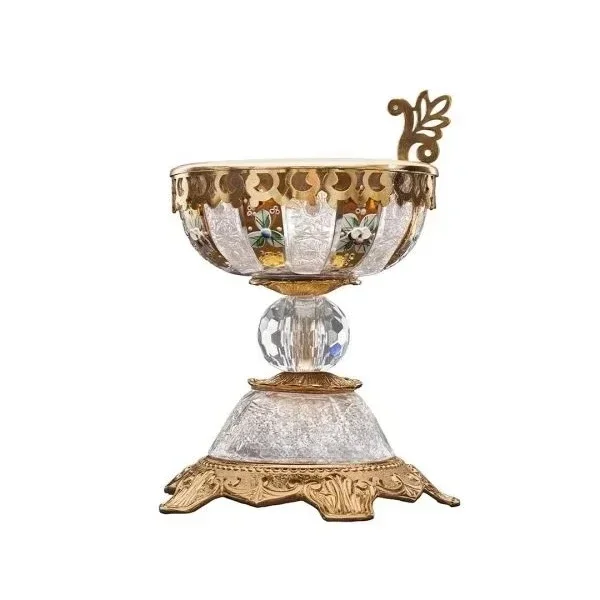 Antique brass incense burner with crystal base and floral hand-painted details for elegant luxury home decor
