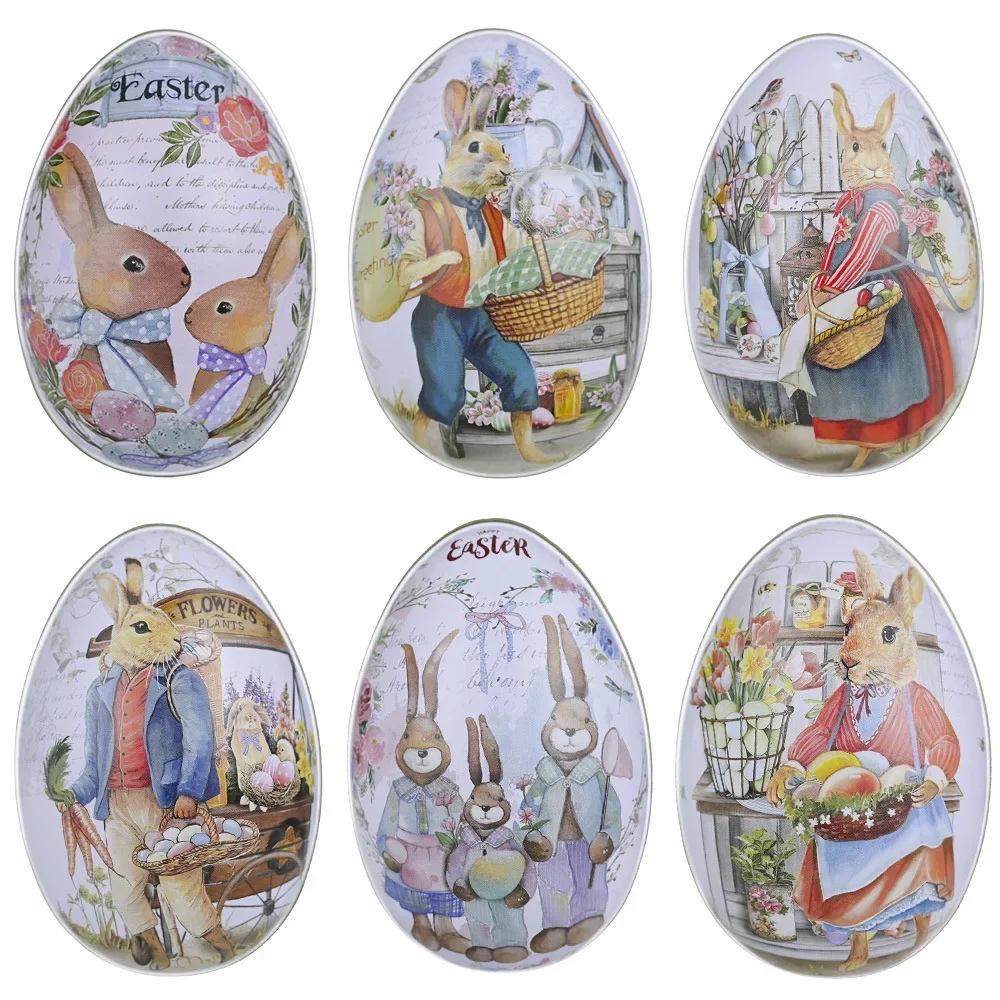 3/6pcs Easter Egg Shaped Tin Candy Box Vintage Rabbit Bunny Printed Metal Eggshell Cookies Container Easter Party Gift Favor Toy