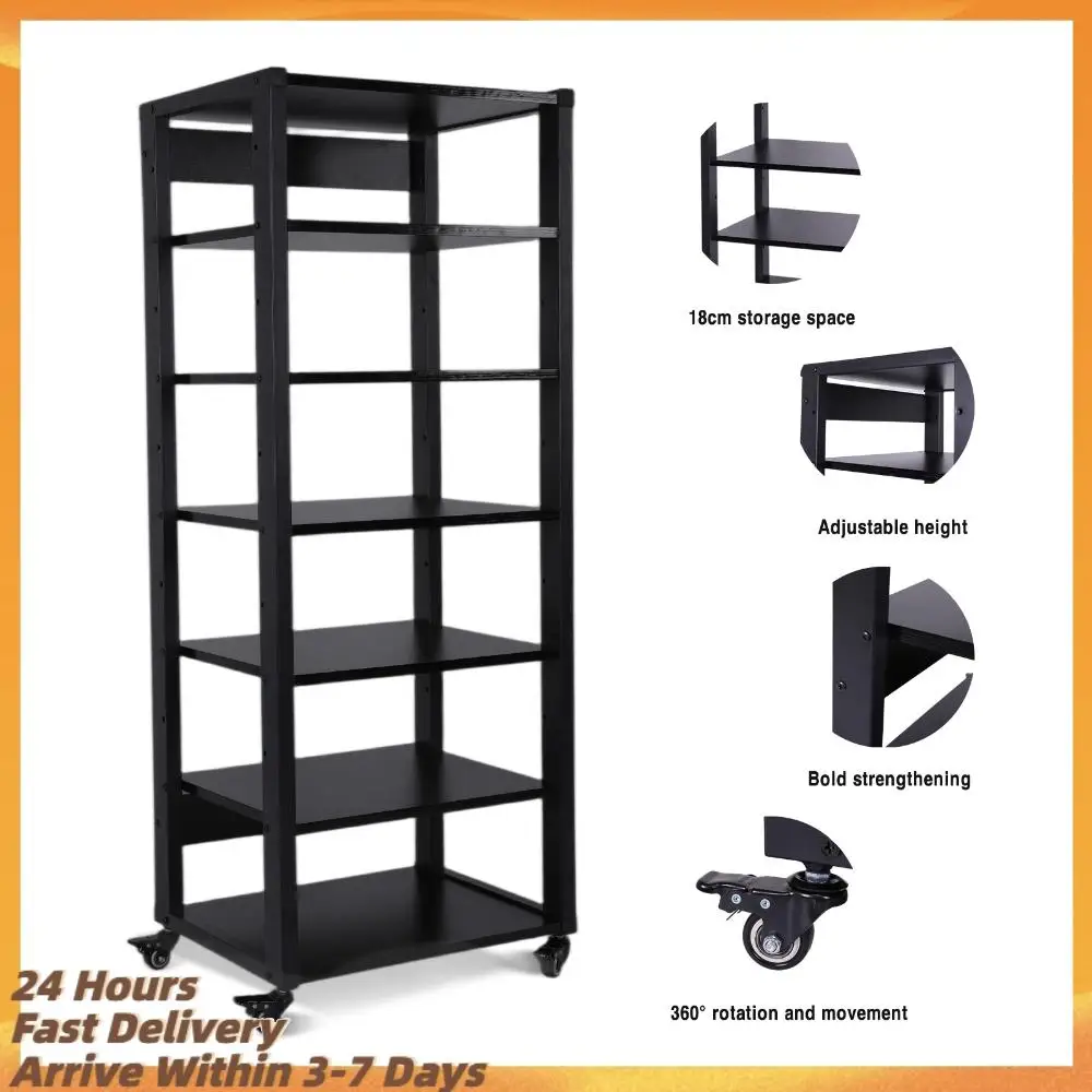 AV Media Stand with Caster Wheels 7-Tier Video Game Equipment Console Shelf with Adjustable Shelves for Home/Office/Theater