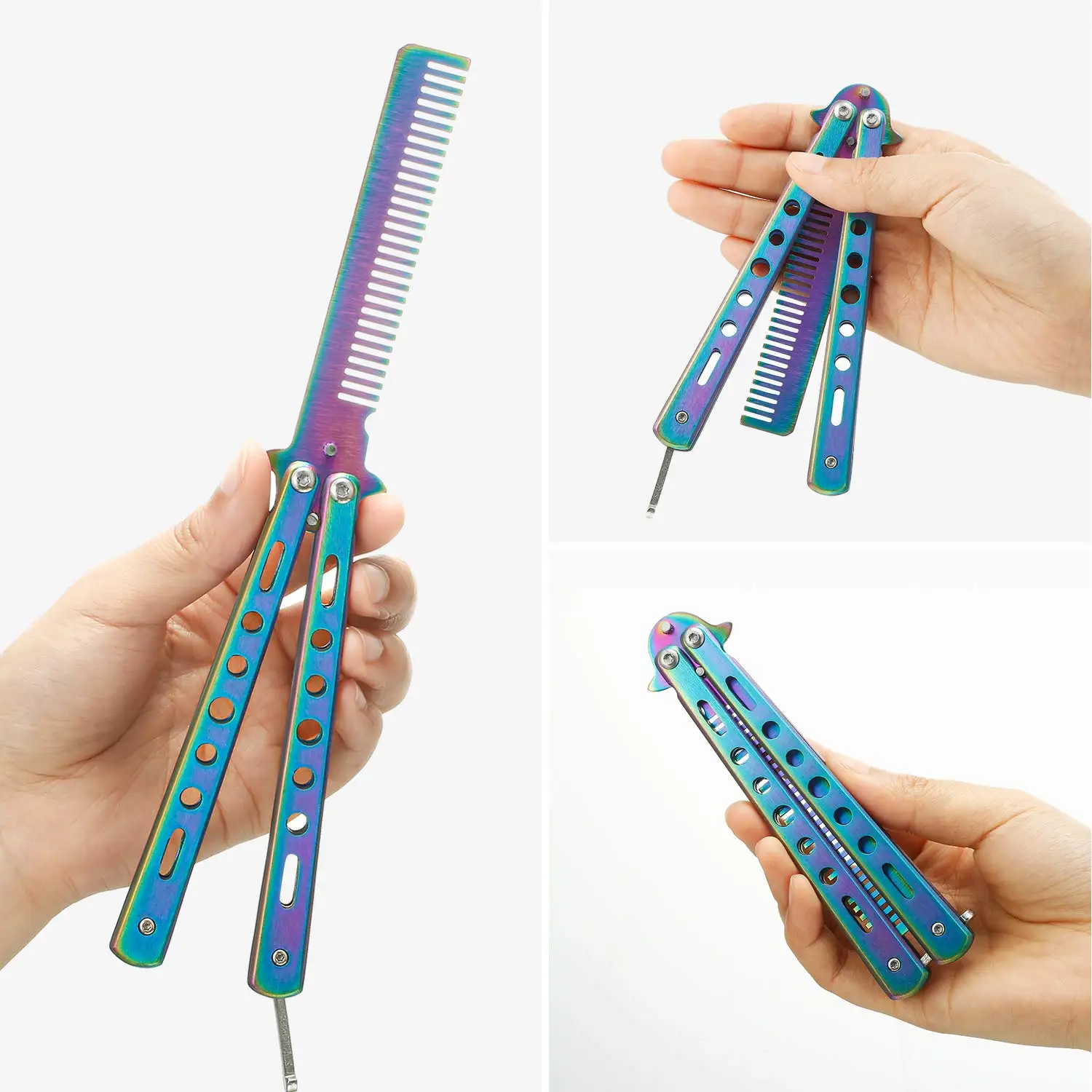 Foldable Comb Stainless Steel Practice Training Butterfly Knife Comb Beard Moustache Brushe Salon Hairdressing Styling Tool