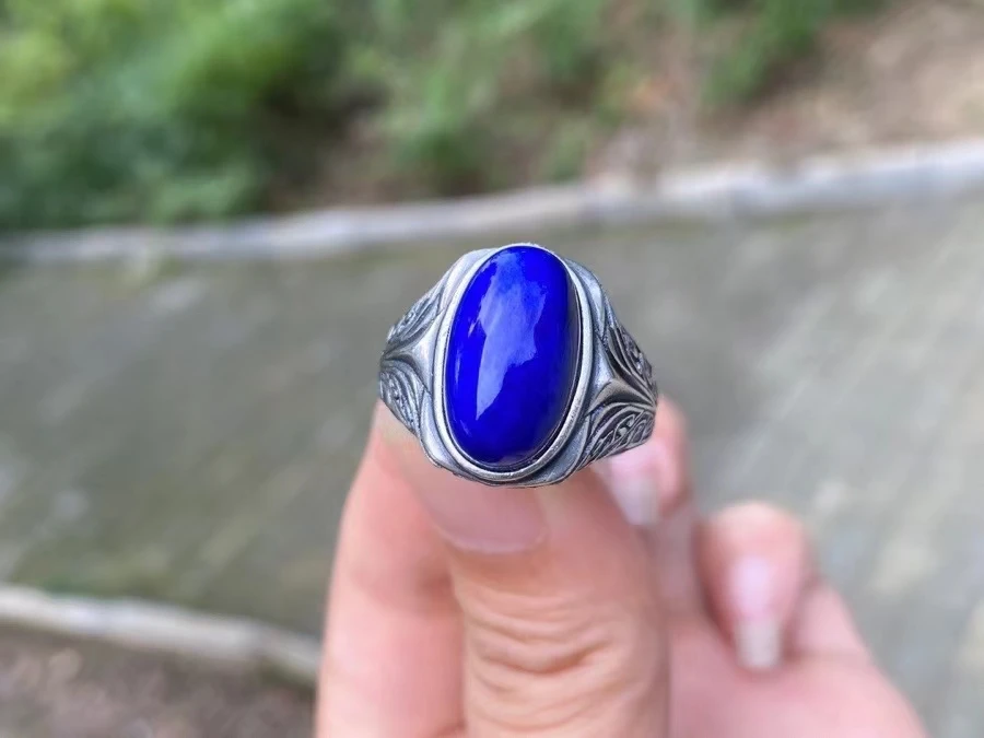 Natural Blue Lapis Lazuli Oval Ring Woman Men Beads 925 Sterling Silver 16.5x10mm Adjustable Ring AAAAAA