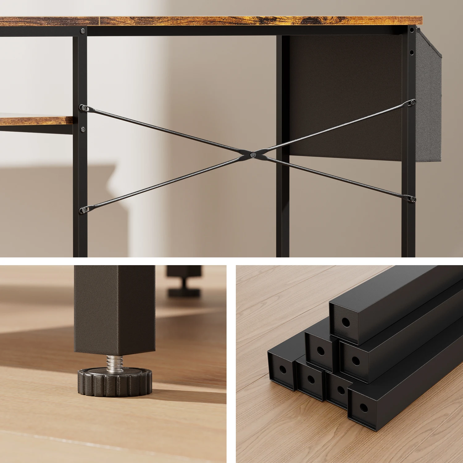 100/120cm Bürotisch, Computertisch mit LED und Monitorständer, 2 Ablagen und Aufbewahrungstasche PC-Tisch für Studium und Schlafzimmer – Detail 5