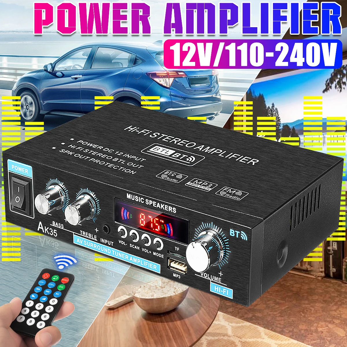 AK35 400W+400W Mini Digital Home Car Audio Amplifier Car Subwoofer Amplifier HiFi Stereo Bass Power Speaker bluetooth Amplifier