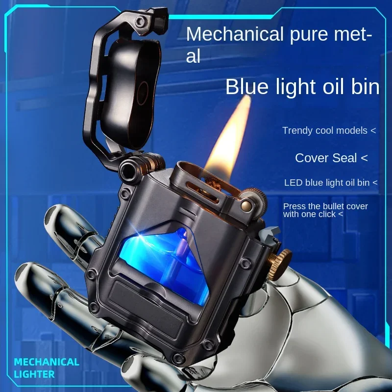 Metal Punk Style Windproof Transparent Fuel Tank Unusual  Lighter Creative Flint  Lighter Smoking Accessories