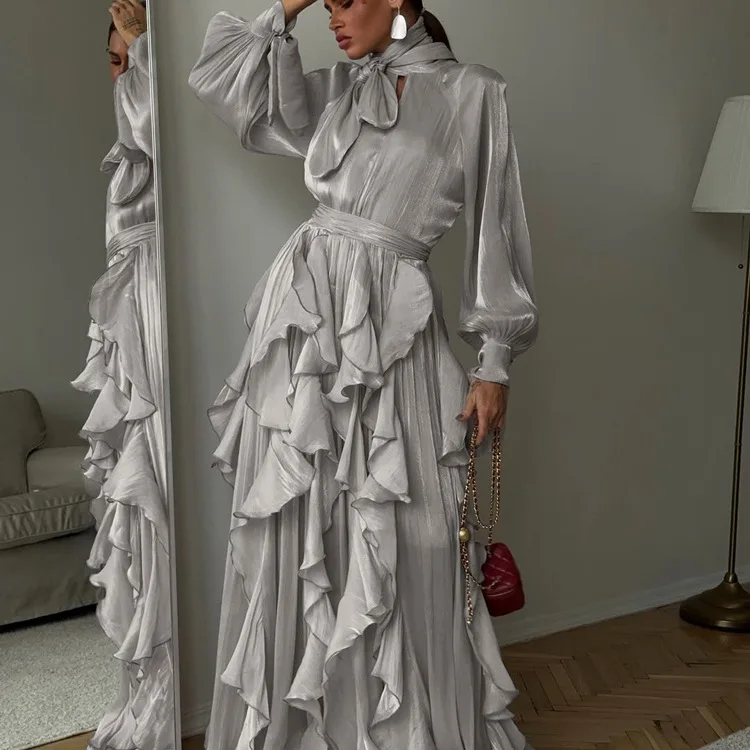 

Fashion Loose Gray Women's Dress 2026 Spring Bow Collar Long Sleeve Maxi Dresses Elegant Classic Ruffles Female Dress