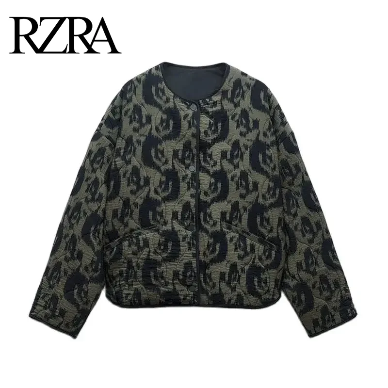 RZRA original 2024 autumn and winter new women's retro round neck long sleeve loose printed quilted cotton jacket coat