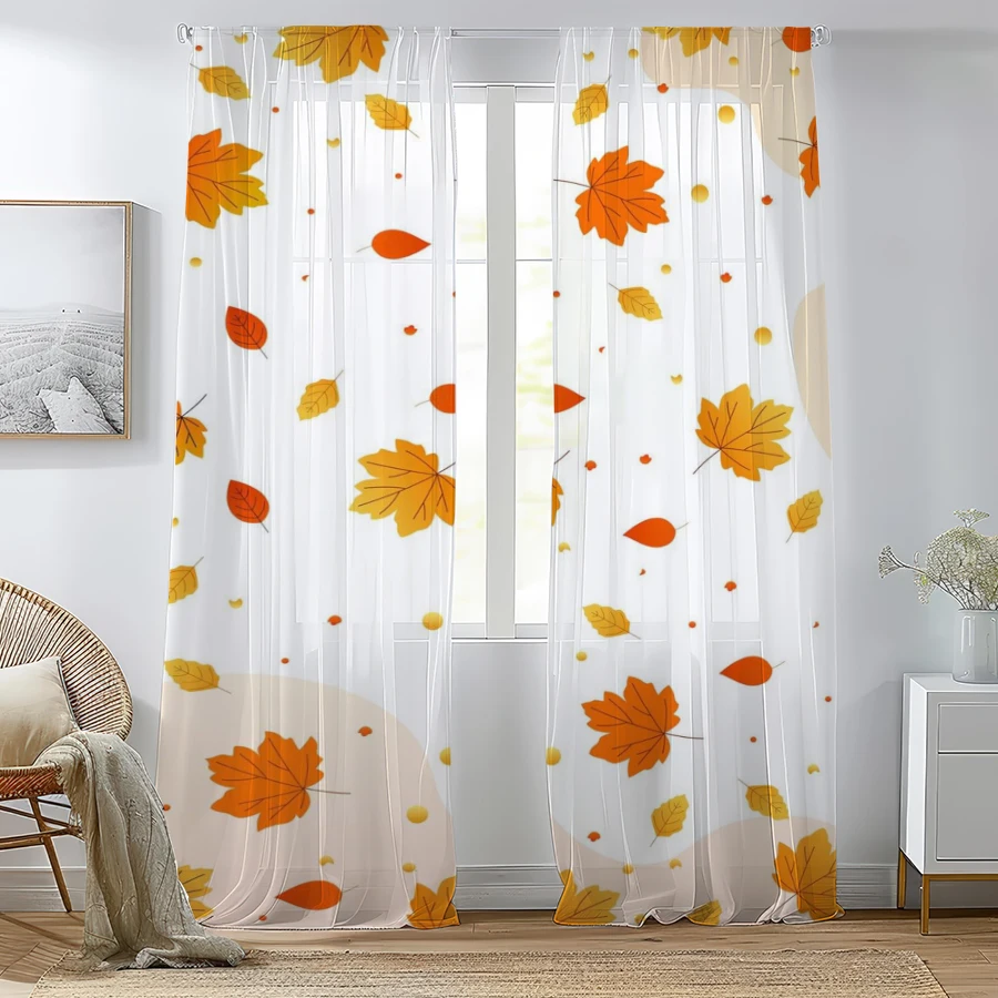 2PCS Digital Print Sheer Curtain, Falling Maple Leaves Autumn Fall Foliage Wind Window Drapes for Living Room Bedroom Home Decor