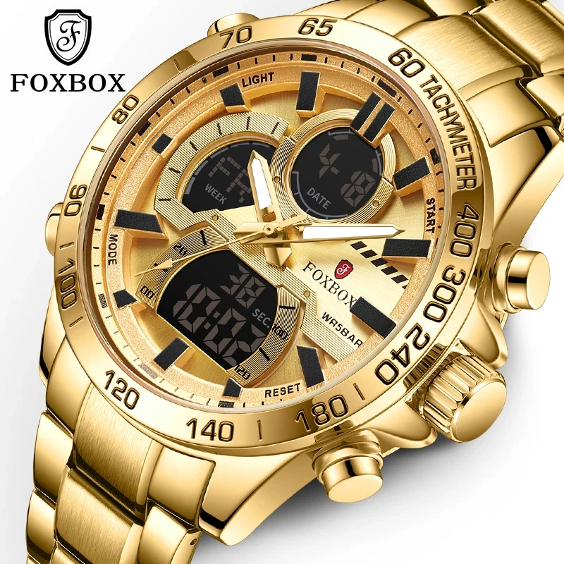 FOXBOX Luxury Original Men Sports Wrist Watch Gold Quartz Steel Waterproof Dual Display Clock Watches Relogio Masculino For Men