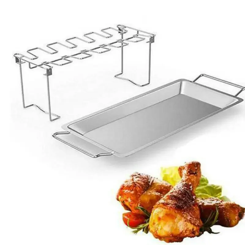 Stainless Steel Chicken Wing Leg Rack Grill Holder with Drip Pan for BBQ US