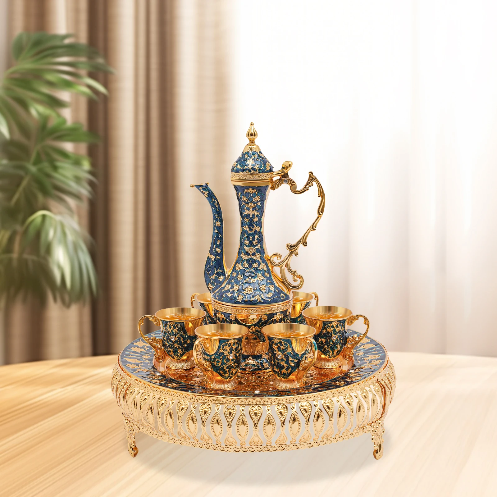 مجموعة خدمة الشاي الأوروبية المصنوعة من سبائك الزنك مع صينية 6 فناجين شاي 9.5 أونصة، هدية أنيقة لشاي بعد الظهر للمنزل والمكتب والترفيه #5