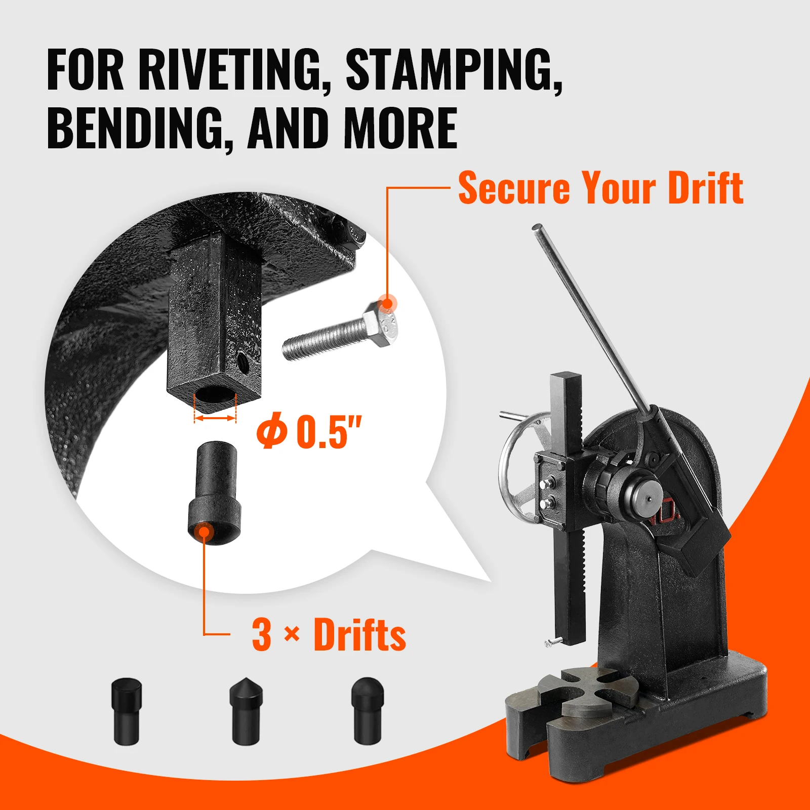 VEVOR Arbor Press 3 T Ratchet Type Arbor Press Ratchet Leverage Arbor Press with Handwheel Cast Iron Manual Desktop Punch Press