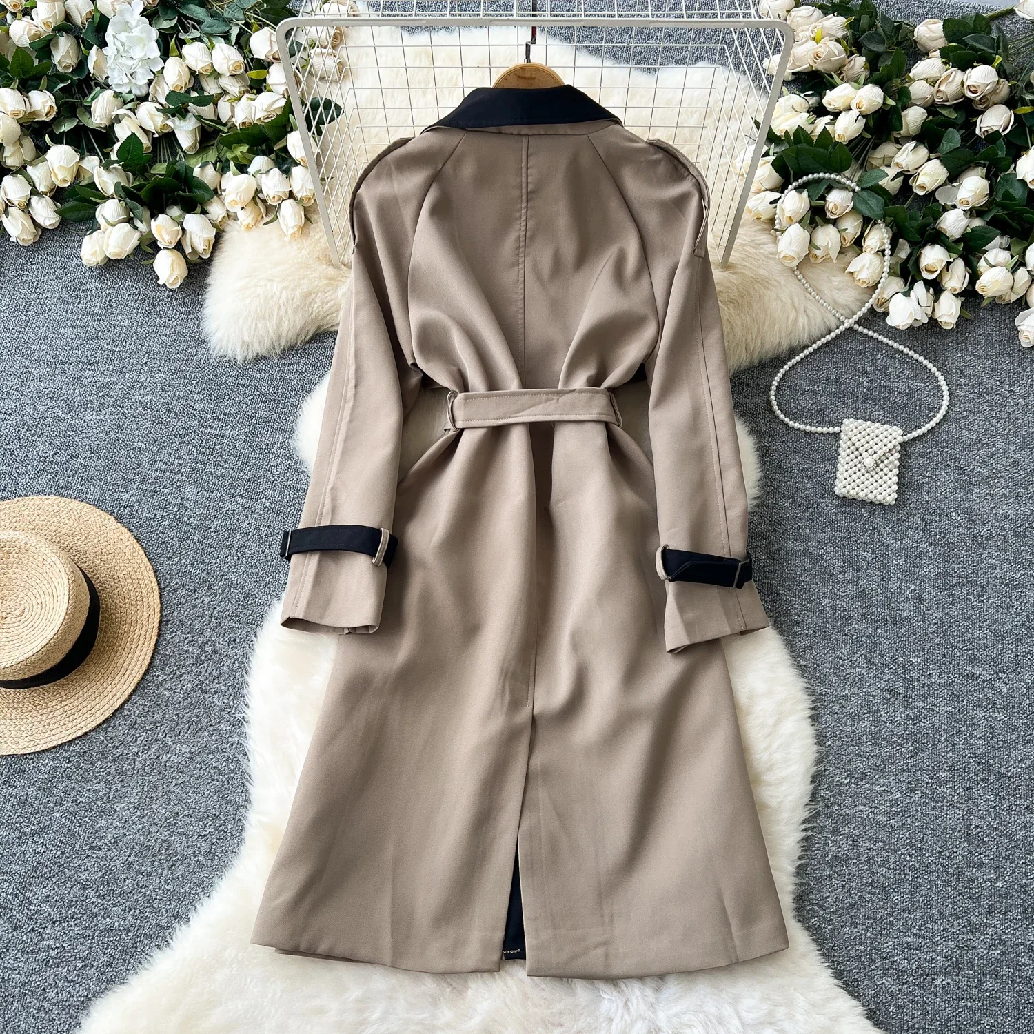 Chic Double Breasted Spliced Women Vintage Notched Collar Slim Bandage Trench Korean Office Lady High Street Autumn Winter Top