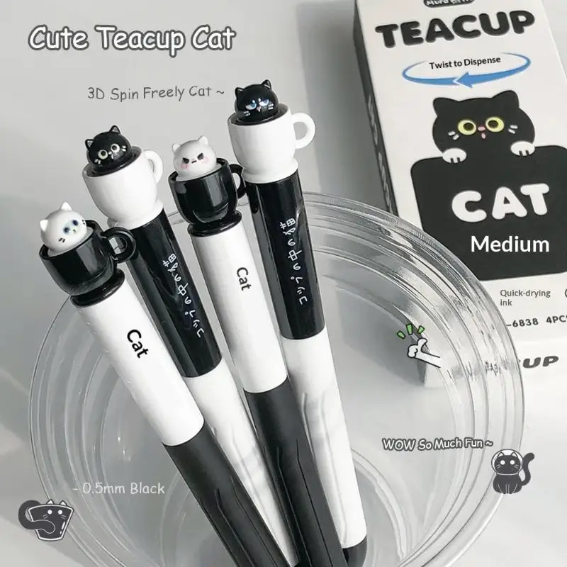 1/2/4pcs Cute Rotating Teacup Cat Gel Pens 0.5mm Fun Animal Quick Dry Pen Creative Cat Pocket Pen For School & Office