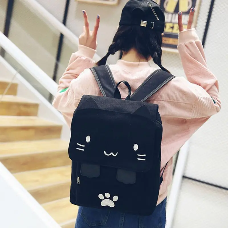 fashion Cute Cat Embroidery Canvas Student bag Cartoons Women Backpack Leisure School bag black&white