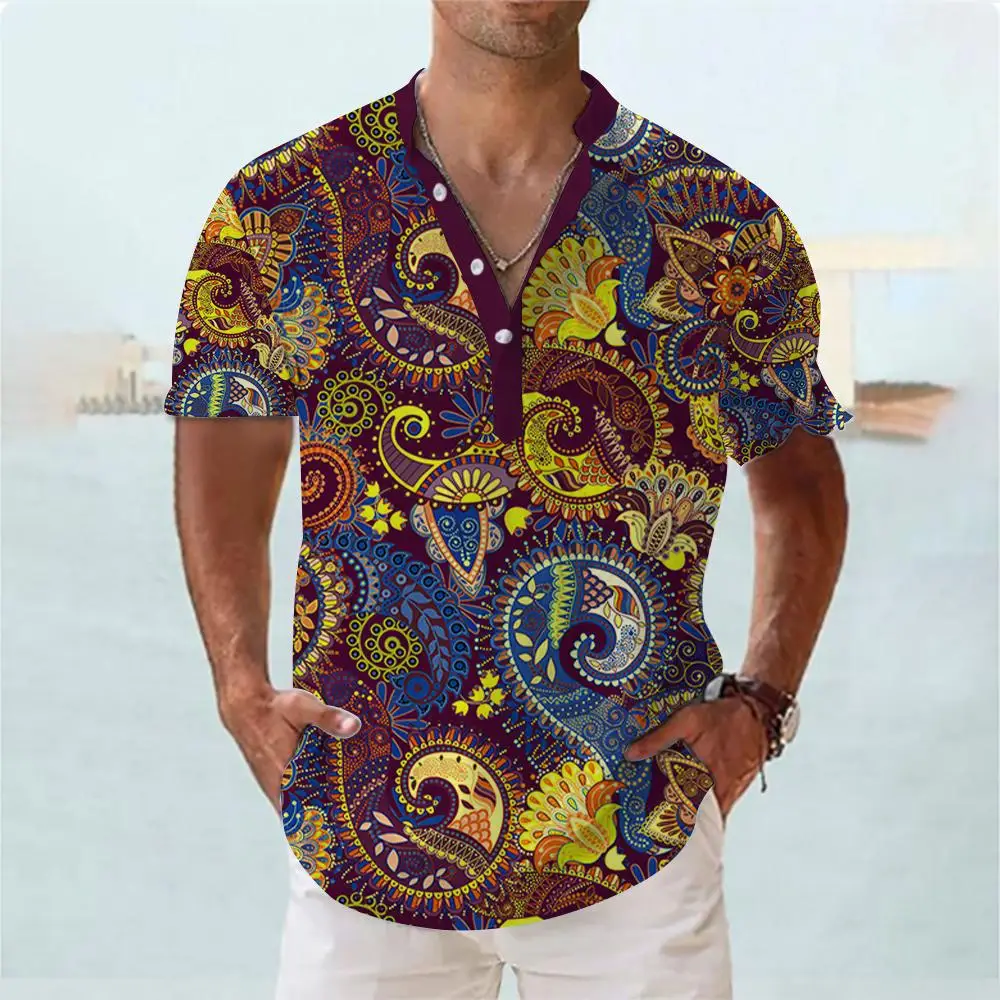 Luxurious Hawaiian Shirts For Mens Summer Clothing V Neck Oversized Short Sleeve Tops Fashion Designer Apparel Men Henley Shirts