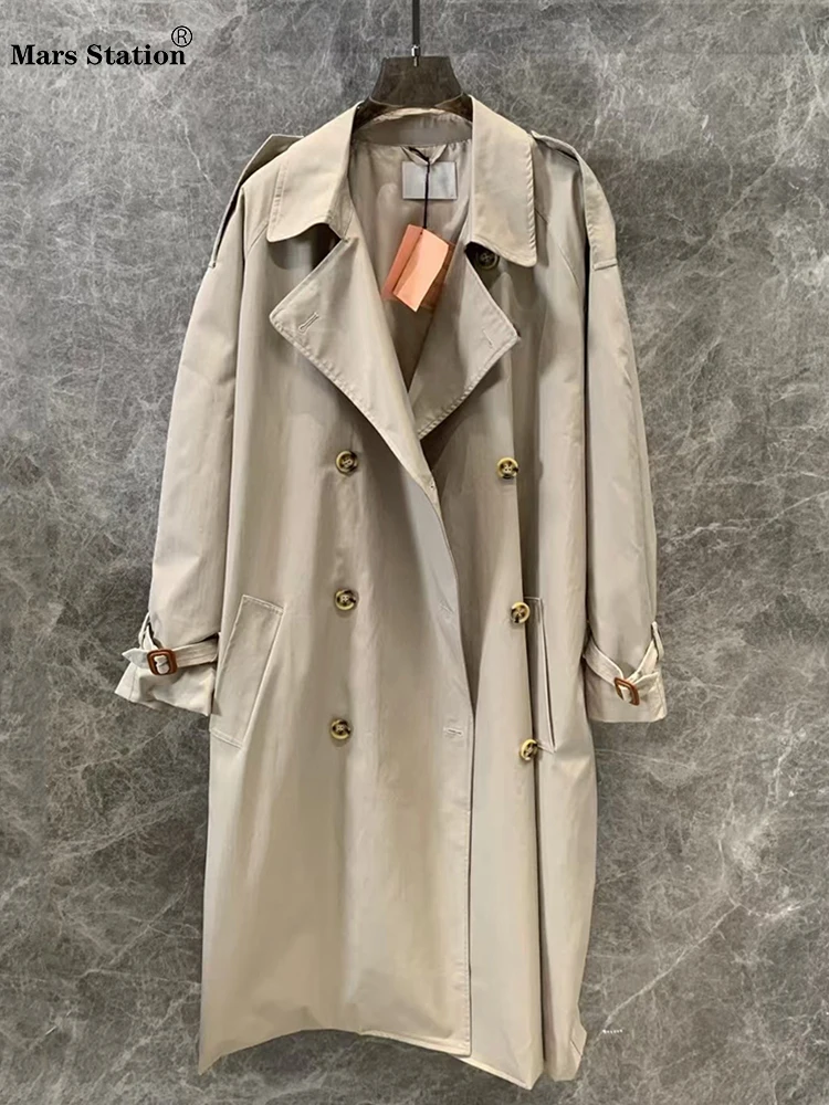 Vintage solid color lapel double breasted strap waist trench coat 2024 fall women\'s new fashion all-match loose jacket coat