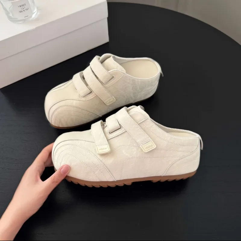 Hidden Heelthick Sole Half Slippers for Women Outwearthick Sole Breathable Toe-cap One-step Velcro Whiteflats view 4