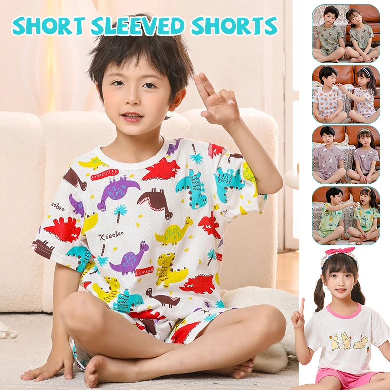 

2 Pack CHILDREN'S Cotton Printed Short-sleeved Shorts Boy Summer Comfortable Leisure Dinosaur Lion Suit.