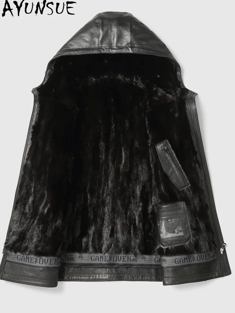 AYUNSUE High Quality 100% Goatskin Genuine Leather Jacket Men Hooded Winter 2026 Luxury Mink Fur Liner Coat Warm Black Fur Coats view 3