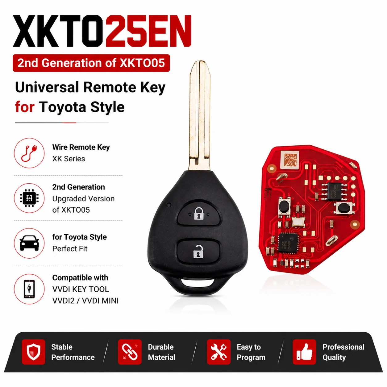 Xhorse XKTO25EN 2nd Generation of XKTO05EN Wire Remote Key for Toyota Style Flat 2 Buttons Car Remote Key for VVDI KEY Tool