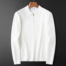Warm Knitted Waffle Half Zip White Polo Shirt for Men Long Sleeved Sweater Lapel Sweatshirt for Men