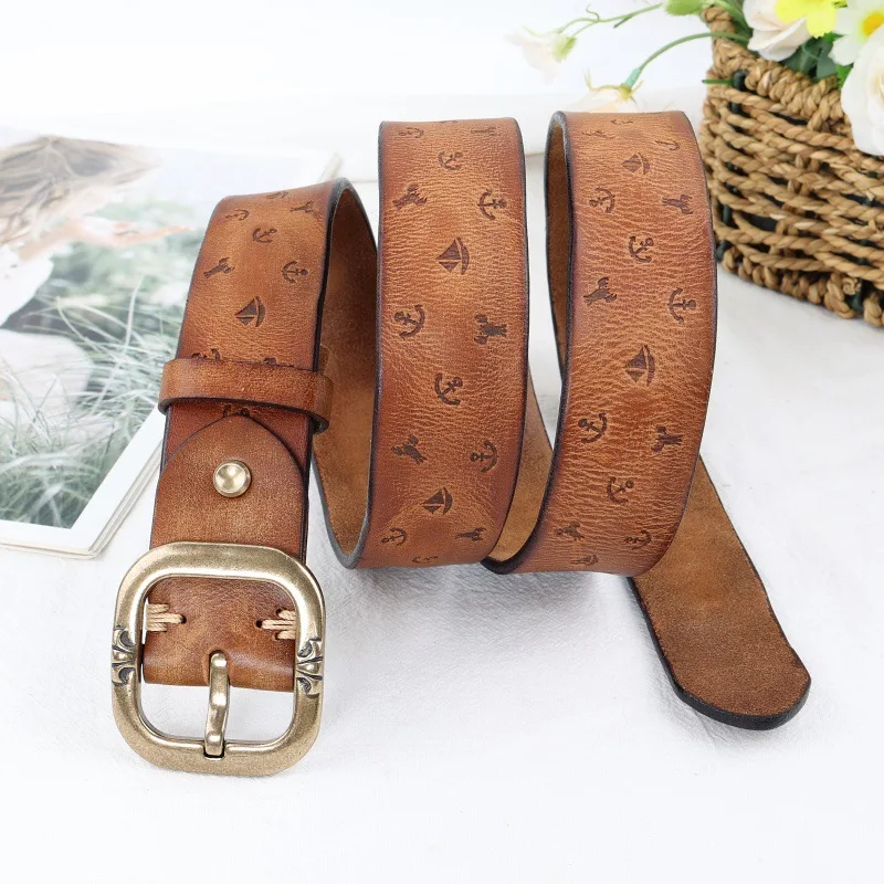 女性のファッション手作り本革ベルトトップレイヤー牛革パーソナライズされたパターン多用途ジーンズ銅バックルカジュアルベルト