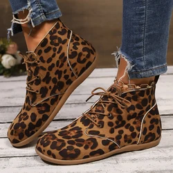 Leopard Print Flat Ankle Boots for Women 2024 Autumn Lace Up High Top Casual Shoes Woman Faux Suede Soft Bottom Work Botas Mujer