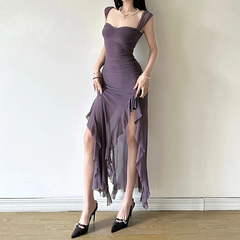 

New Sleeveless Maxi Dress Women's Elegant Mesh Beach Vacation Long Dress Summer Fashion Bohemia Ruffle Evening Dresses Платье