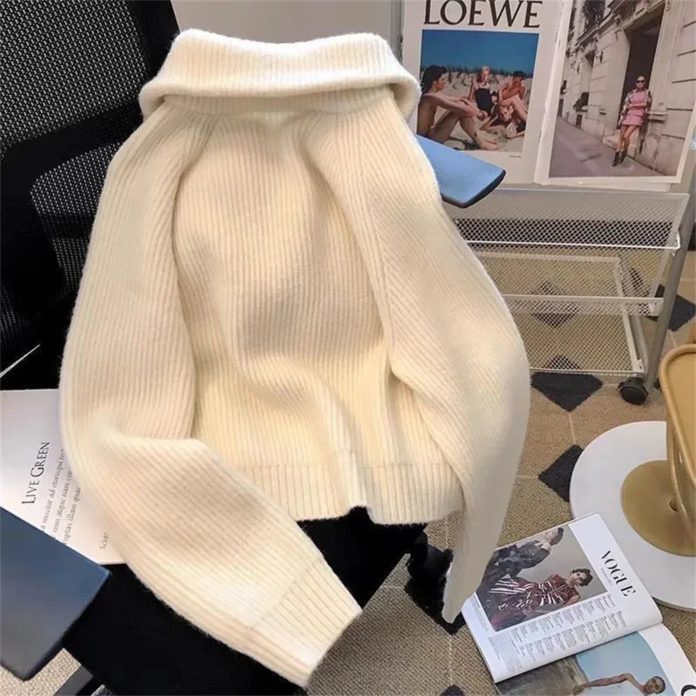 Double Zipper Vintage Flip Collar Women Harajuku Autumn Winter Knitted Cardigan Sweater Jacket Student Korean Version Ladies Top