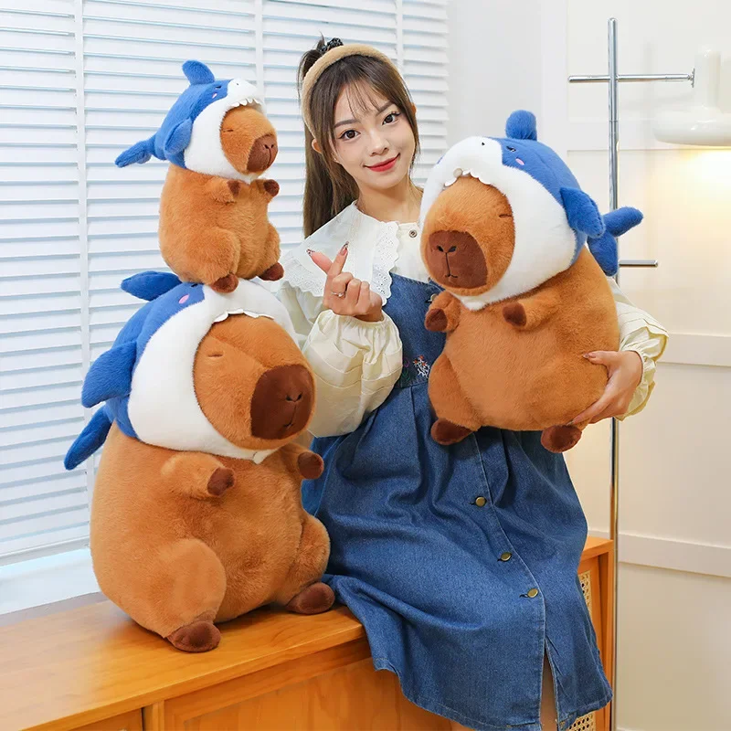 Cute Shark Hat Capybara Plush Capibara Soft Stuffed Animal Toy Children Toys Cosplay Shark Creative Doll Xmas Birthday Kid Gift