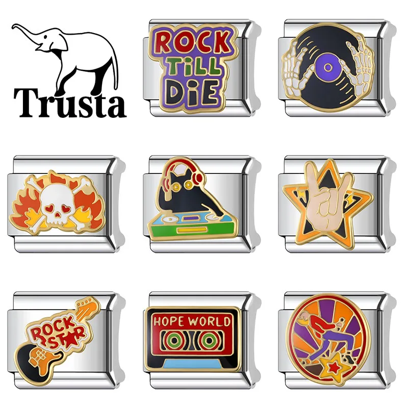 Trusta Skeleton Cat Rock Music Style Italian charm bracelets Jewelry Stainless Steel Accessories for Women DIY Man New  N763