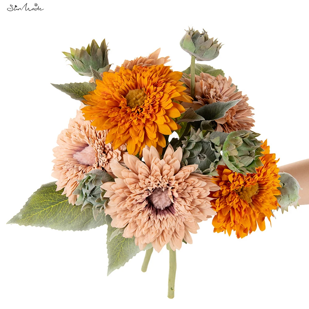 SunMade Vintage Sunflower Branch Home Garden Decorations Fleurs Artificielles Autumn Decor Fake Flowers Wreath Wedding Bouquet