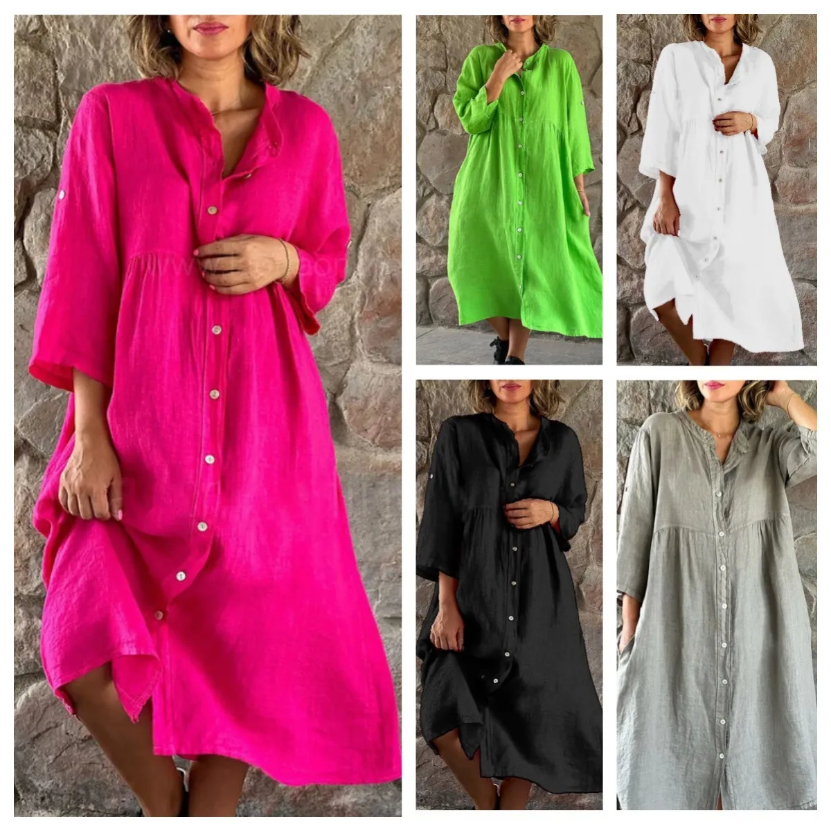 Casual Button Front Dress Mid Waist Commuter with Three Quarter Sleeve Open Front Colorblock Regular Sleeve Women Casual Dresses