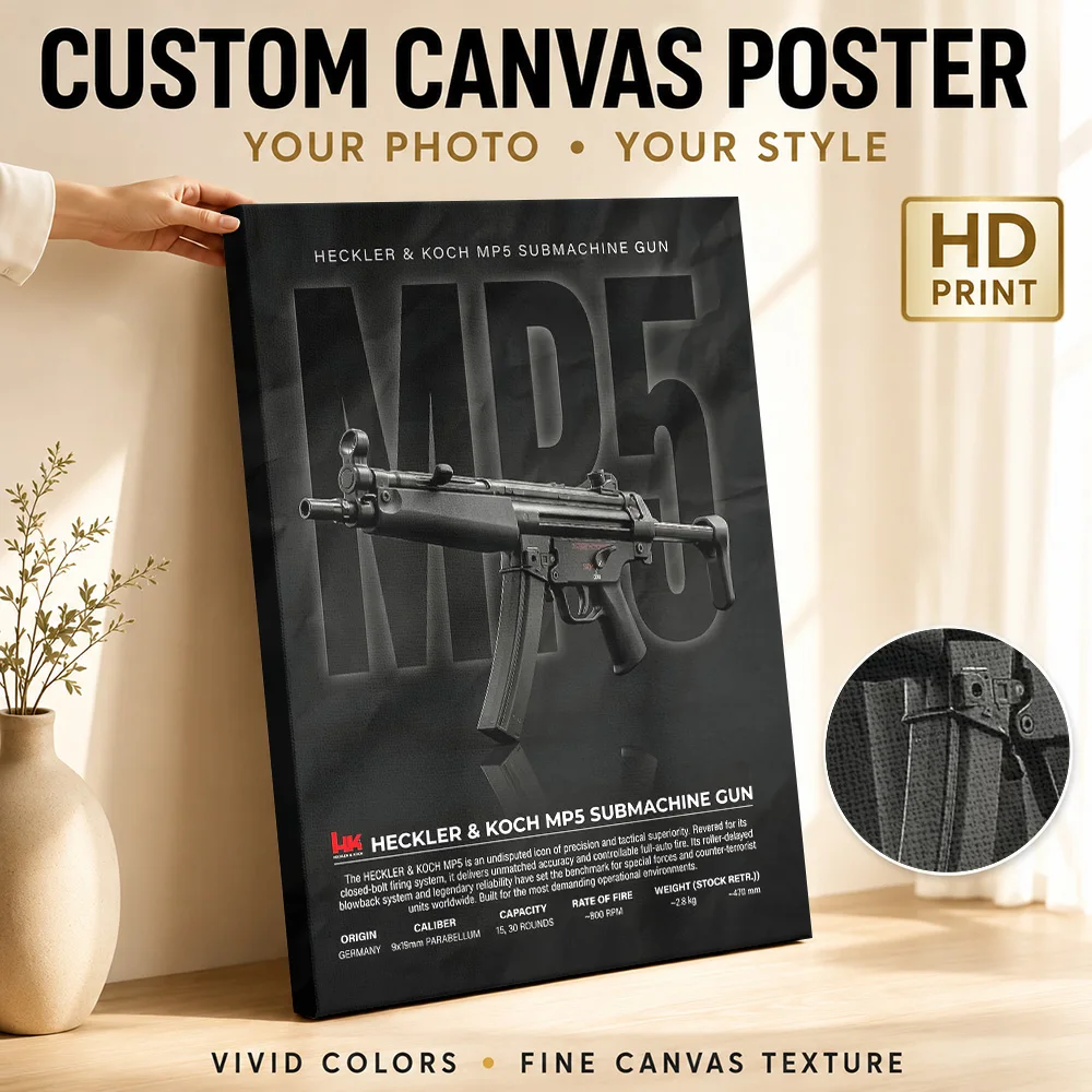 Black Heckler & Koch MP5 Submachine Gun Canvas Painting Poster Personalized Photo Blueprint Wall Art Office Decor Veteran Gift