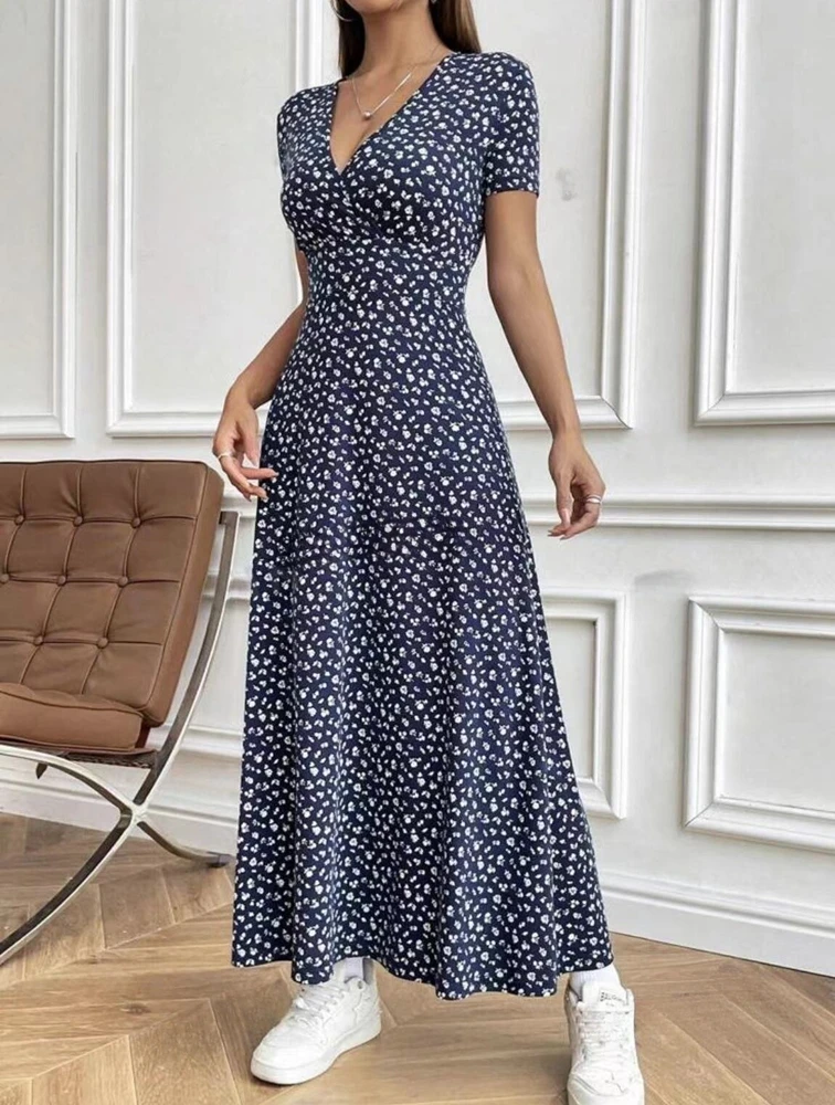 

2024 New Fall And Winter V-Neck Short-Sleeved Slim Floral Temperament Commuter Oversized Long Style Dress