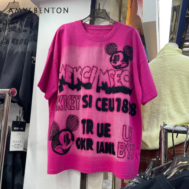 

2026 Spring New Women's T-shirt Pullovers With Personalized Cartoon Letter Embossing Color-Changing Loose Mid-Length Top Tshirts