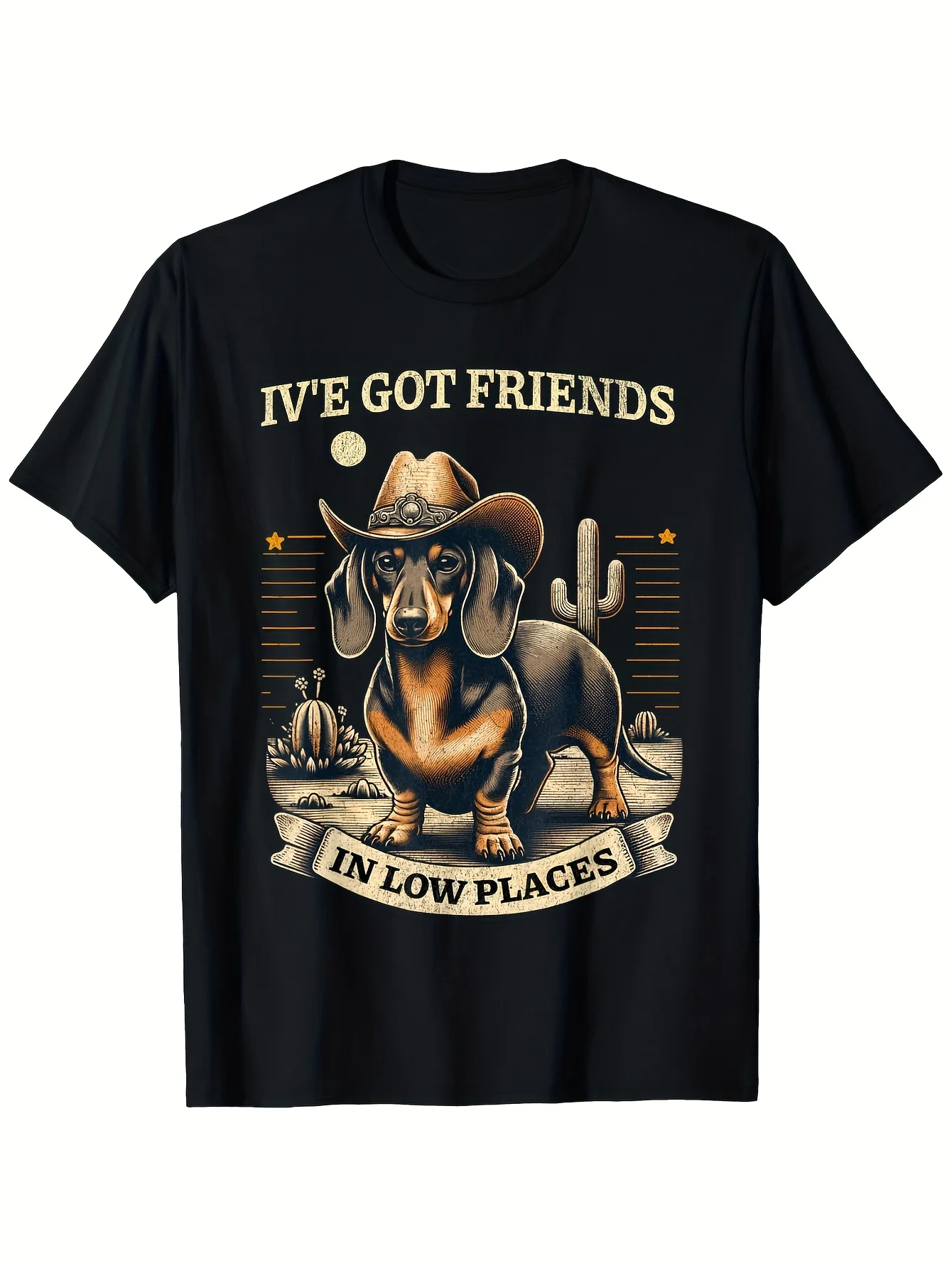 Humorous Dog-Cowboy Doxi Pattern T-Shirt - Retro Western Style, Soft and Breathable, Unisex Crew Neck T-Shirt, Casual Comfortable Fit, Machine Washable, Ideal Choice for Sports Enthusiasts