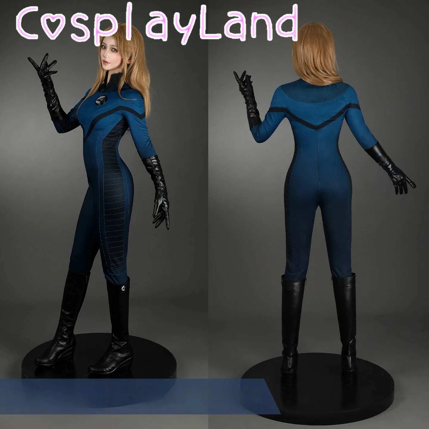 

Invisible Woman Cosplay Costume Jumpsuit Gloves Full Set Halloween Christmas Fantastic Costumes Battle Suit Custom Made Outfit