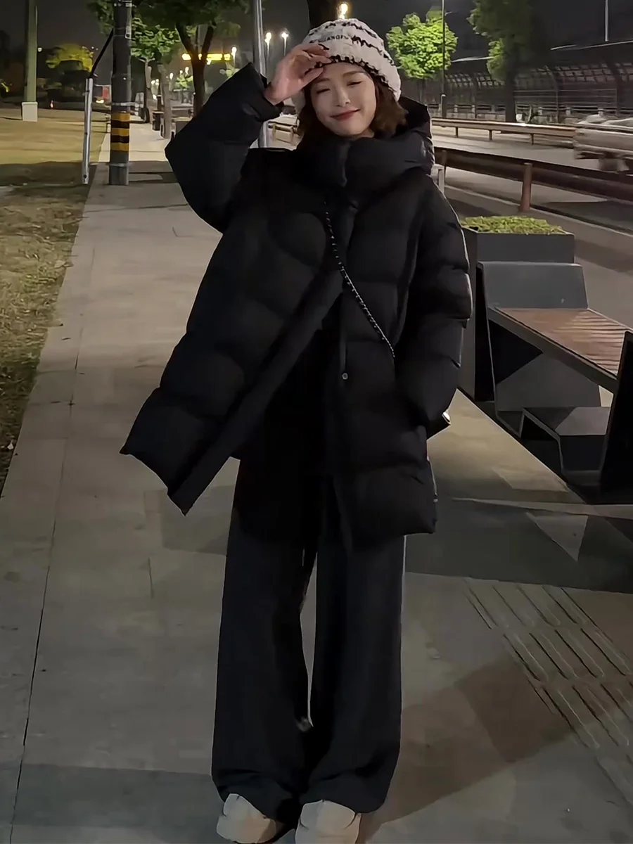 Koreanischer Damen-Langmantel mit Kapuze, Daunenjacke, Weiß, Warm, Dicker, Locker Geschnitten, Schwarz, für die Wintersaison