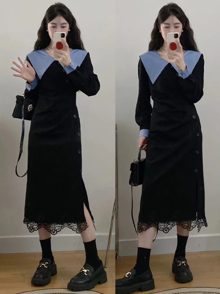 Sukienka damska z francuskim kołnierzykiem Piotrusia Pana, koronkowymi wstawkami, rozcięciem z boku, elegancka, czarna, unikatowe guziki, fason A-line, jesień.