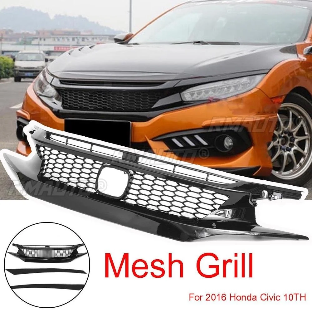 

RMAUTO JDM CTR Sport Style Glossy Black Car Front Bumper Grille Racing Grills for Honda Civic 10th 2016-2019 Body Styling Kit