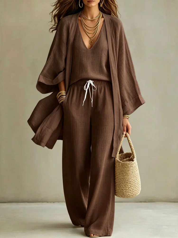Casual Solid Long Pants Set Loose Vest Shirt Trouser 3pc Set Women Bat Sleeve Cardigan Wide Leg Pants Suit Spring Autumn Outfits view 2