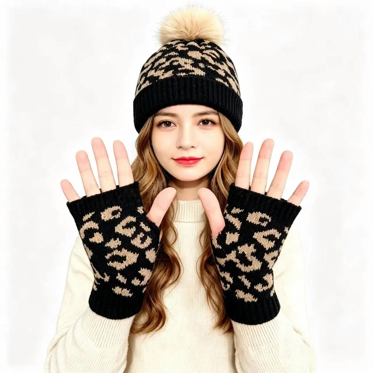 Women 2Pcs Winter Leopard Print Knitted Pom Pom Beanie Hat Fingerless Gloves Set Hat Half Finger Gloves Windproof Accessories