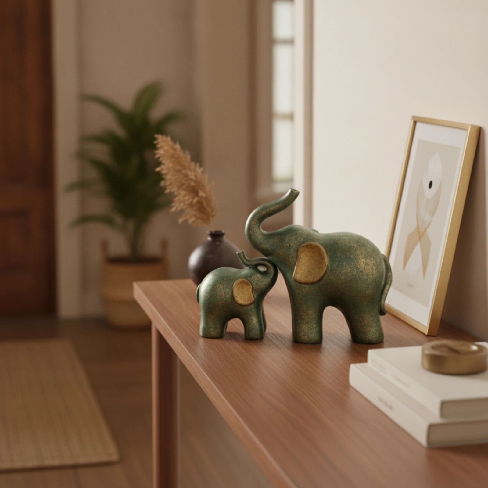 2 Pieces Elephant Figurine with Gold Ears Antique Green Elephant Statue with Gold Ears Decor Stylized Sculptural