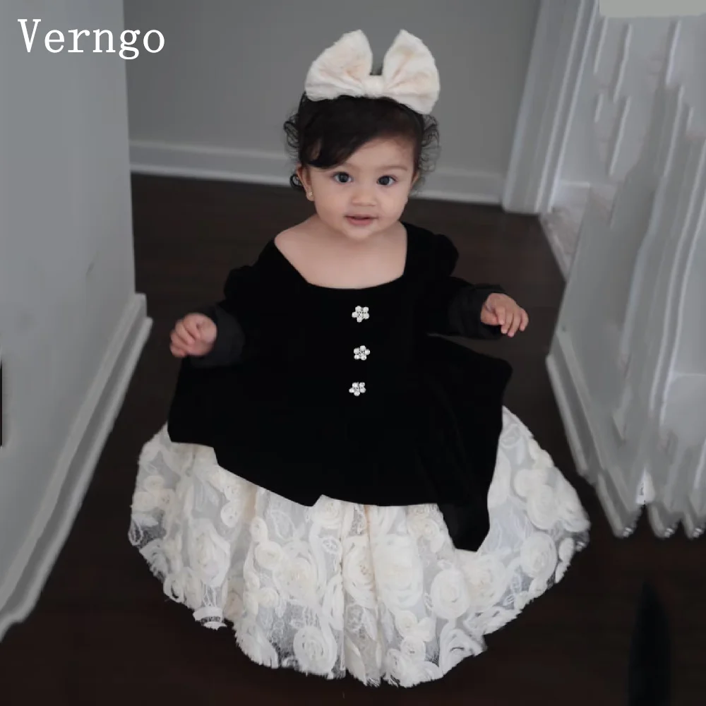 Verngo Princess Black Velvet Girl Birthday Party Dress O Neck Puff Sleeves A Line Kid Gowns 3D Flowers Ball Gown Customized