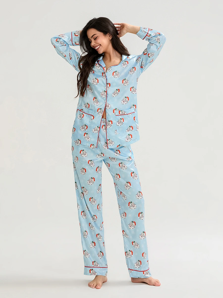 Conjunto de pijama navideño de 2 piezas para mujer, manga larga, estampado de Papá Noel, camisa con botones, pantalones, ropa de dormir de invierno