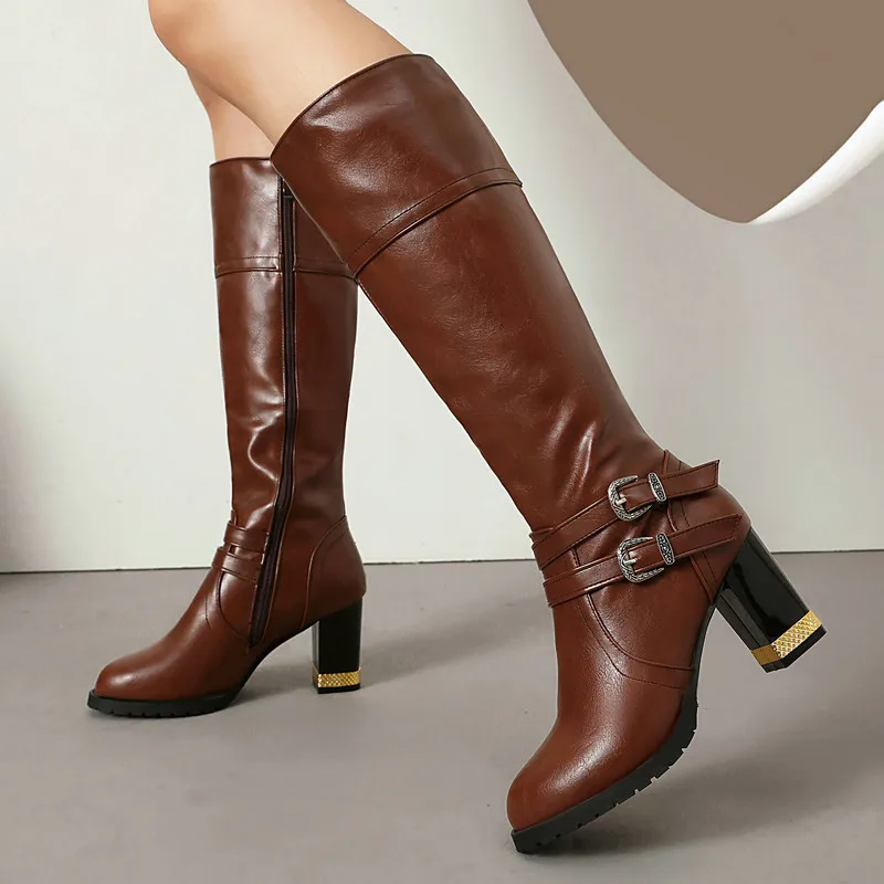 Womens Double Buckle Block Heel High Heels Knee High Boots Side Zipper Gold Decor Round Toe PU Leather Tall Riding Boots